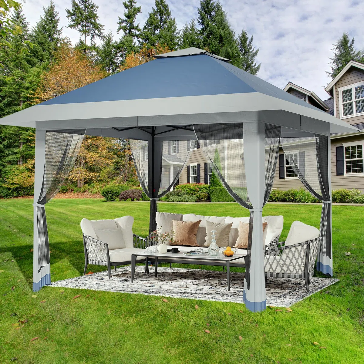 Garvee Tonnelle De Jardin 3,96x3,96m Pop-Up avec Moustiquaire – Toit Double Imperméable & Anti-UV – Hauteur Réglable – Abri Résistant pour Terrasse, Jardin, Patio, Camping – Sac De Transport Inclus