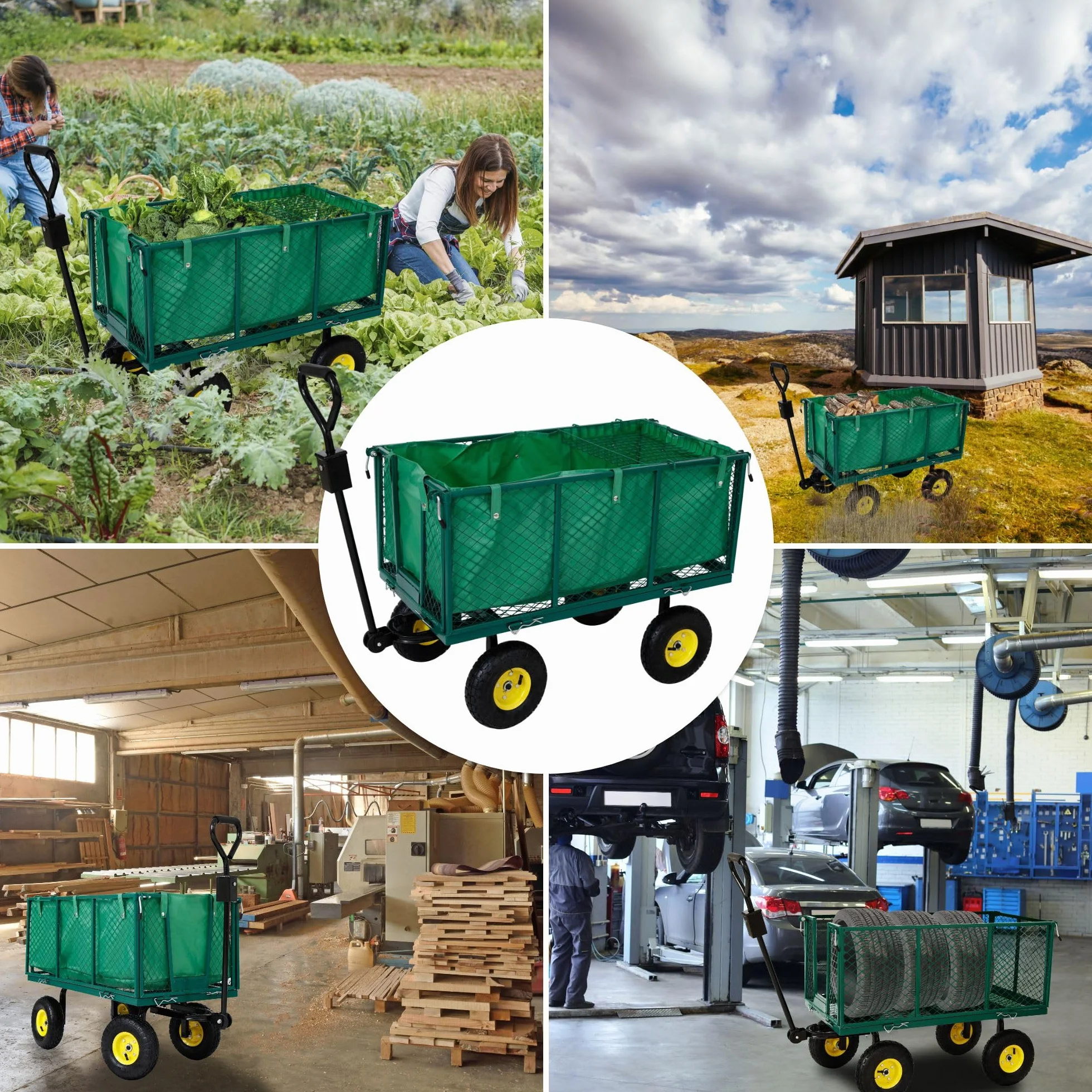 Arebos Chariot à Bras | Chariot de Jardin | avec pneus profilés | Charge Max. 550kg | Pliable | Vert | bâche Amovible | poignée et Timon Inclus | Chariot Plate-Forme