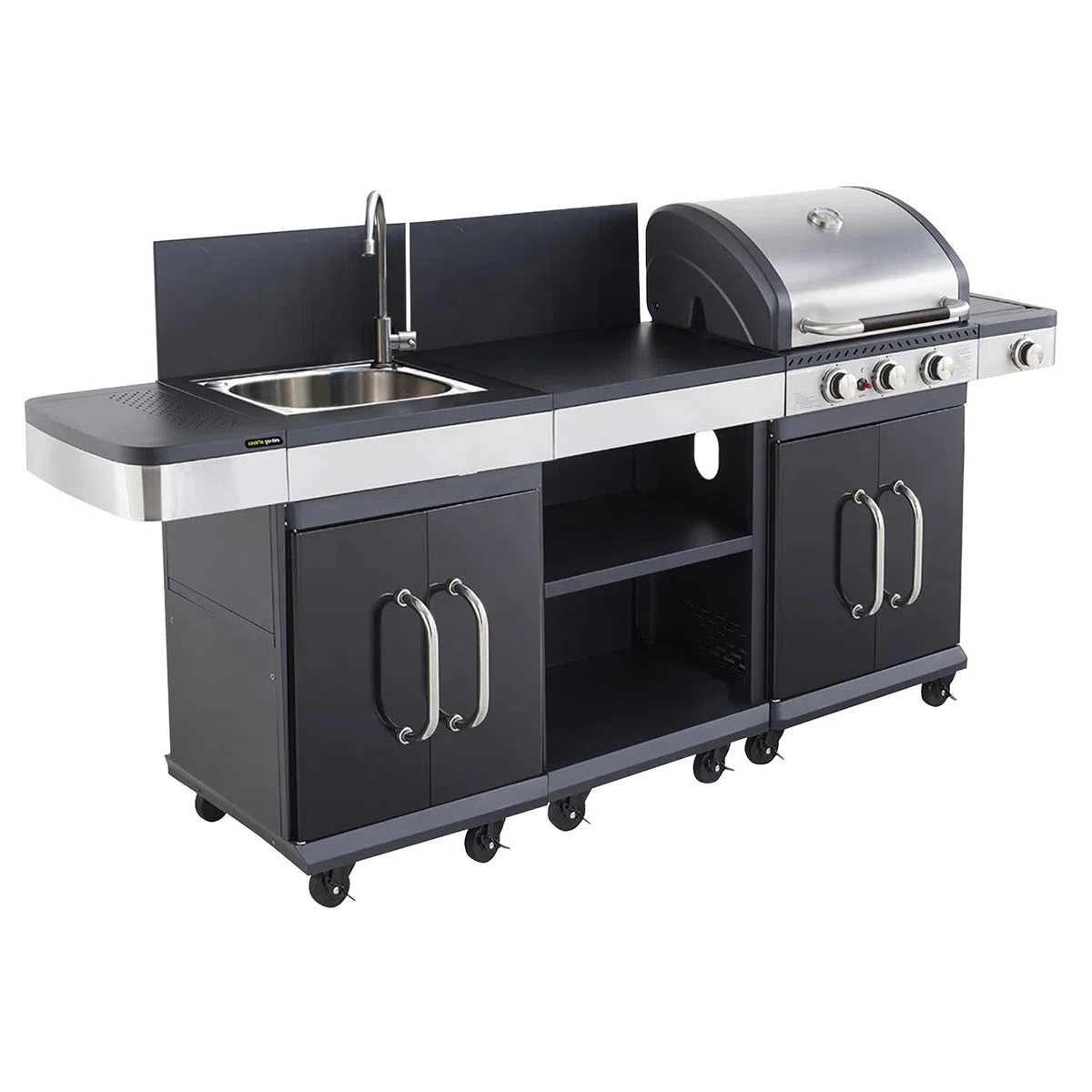 Cook’in Garden - Cuisine Extérieure Modulable FIDGI 3, Barbecue au Gaz, 3 Brûleurs avec Thermomètre, Meuble d’Appoint Desserte et Évier, Structure Métal, Noir