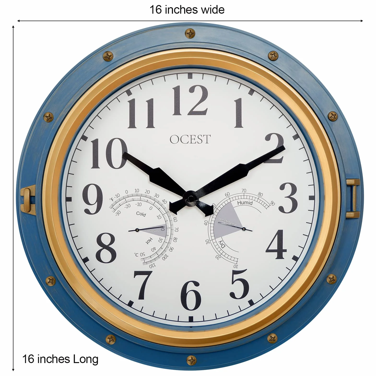 OCEST Horloge de jardin étanche de 40,6 cm, grand thermomètre, hygromètre, design rétro, sans tic-tac, fonctionnement à pile, pour décoration de maison et patio (bleu)