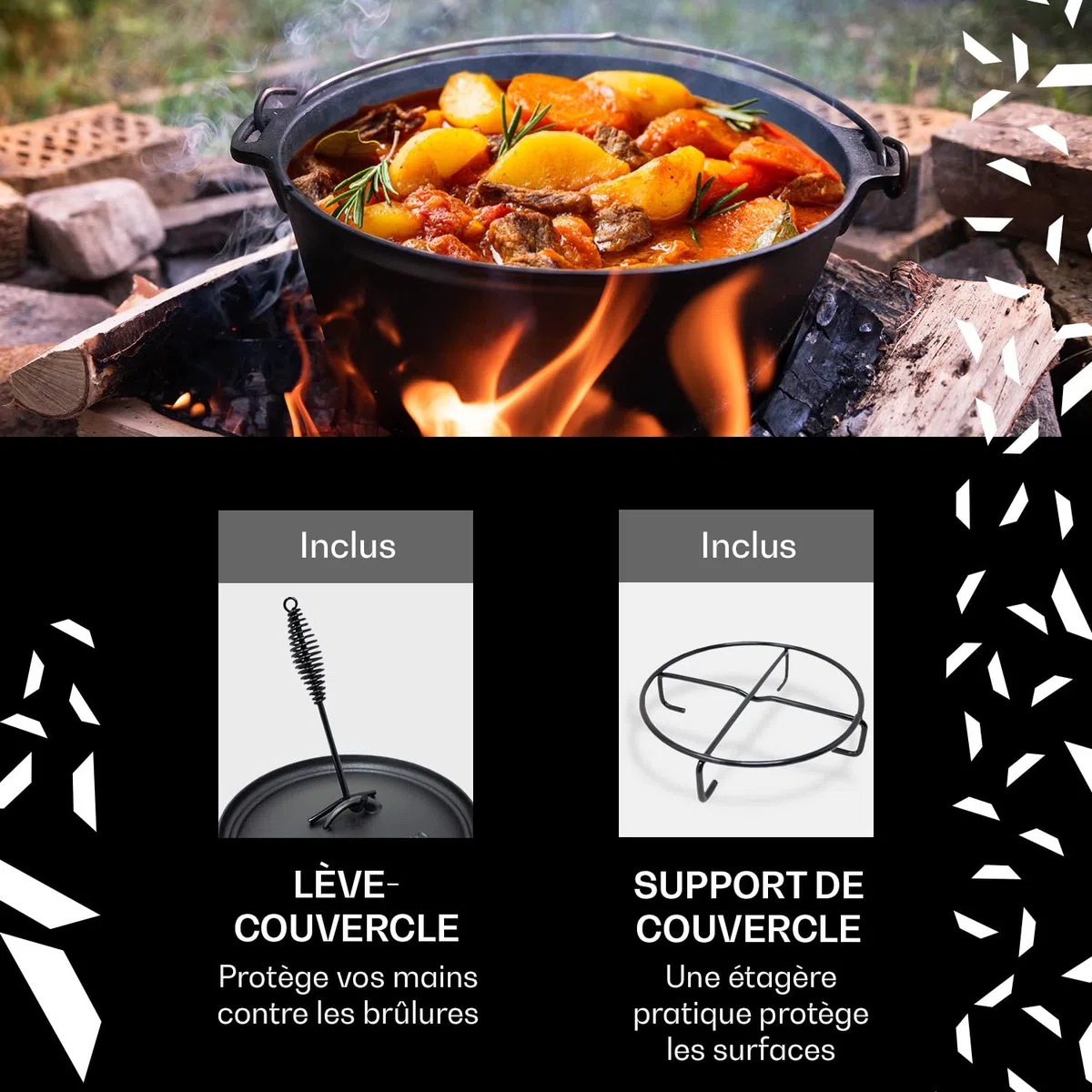 Cocotte en Fonte Pré-assaisonné 9L avec Couvercle, Faitout pour l'Exterieur, Marmite Résistante au Four, Chaudron de Camping