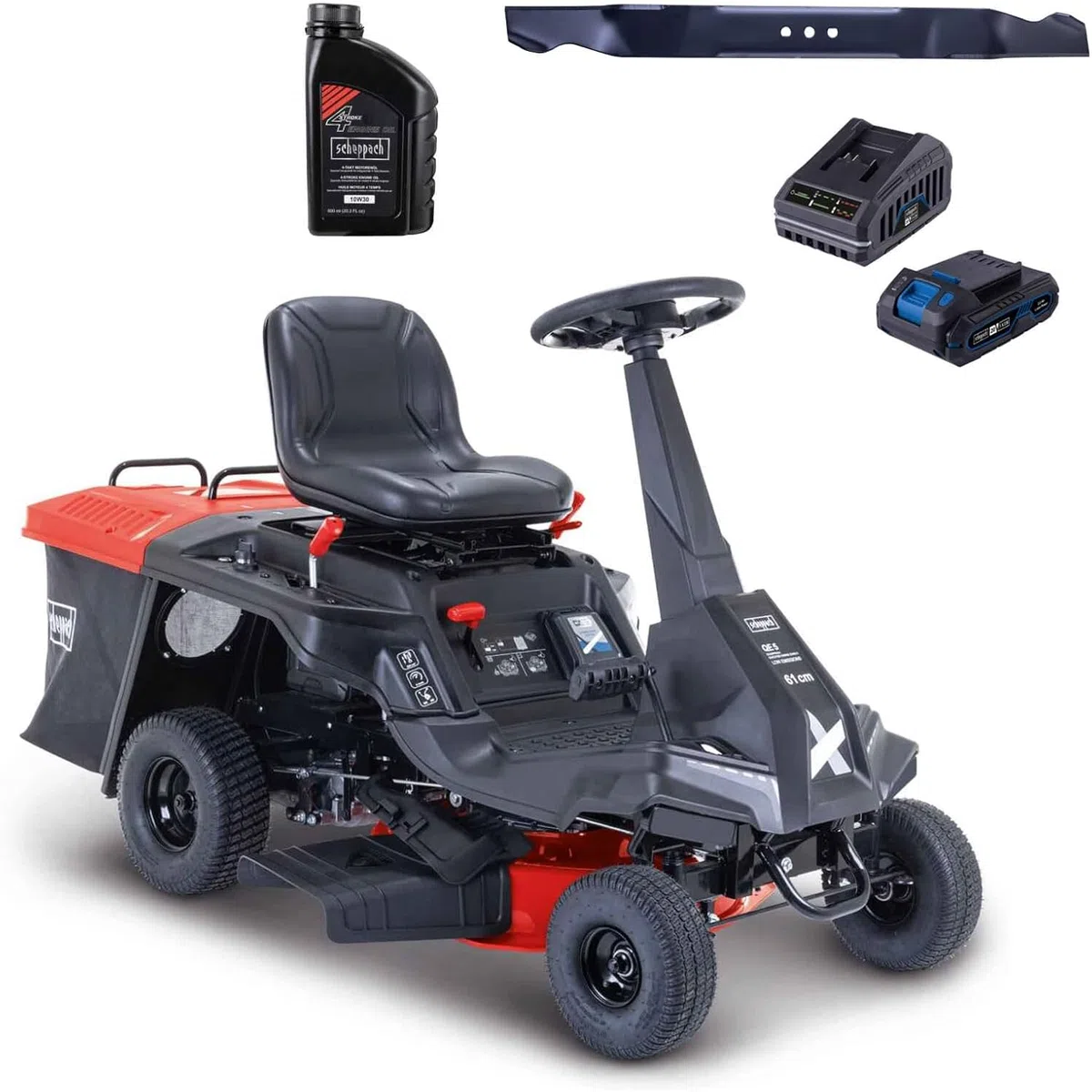 Scheppach Tondeuse autoportée Thermique MR230-61 - Moteur à Essence 4 Temps 4,4 KW/6 CV - Largeur de Coupe 61 cm - Réglage Hauteur de Coupe sur 5 Niveaux - Jardins 2600 m² - Huile + Lame incluses
