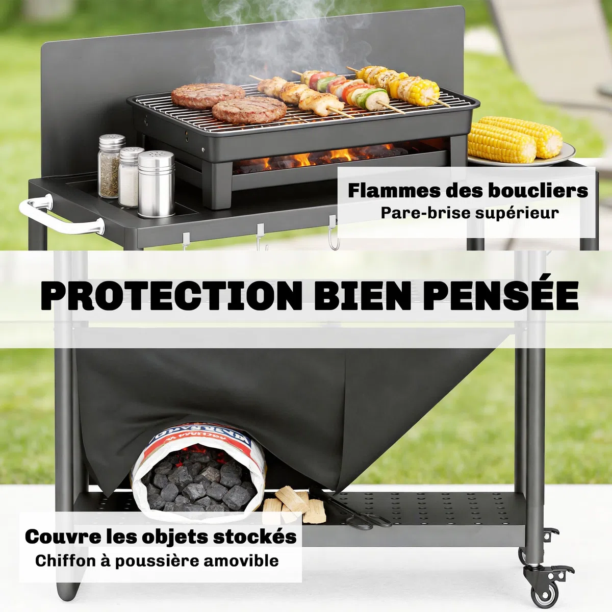 Outsunny Chariot de Barbecue en Acier 100x46x110cm avec Pare-vent - Desserte de Jardin 3 Niveaux Mobile avec Rideau Oxford - Station de Cuisson pour Plancha et Four à Pizza avec Rangement, Noir