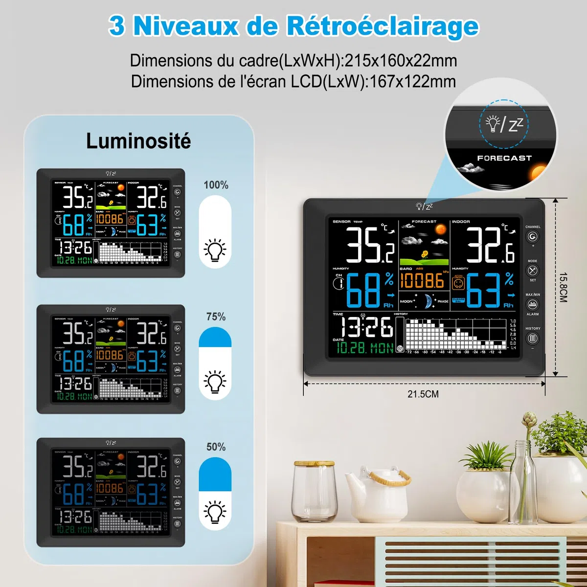 Urageuxy Station Meteo Sans Fil avec Capteur Extérieur Grand Écran Couleur, Thermomètre Intérieur Extérieur, Hygromètre, Prévisions Météo, Portée 100M, Pression Atmosphérique, Radio-Réveil DCF, Alarme