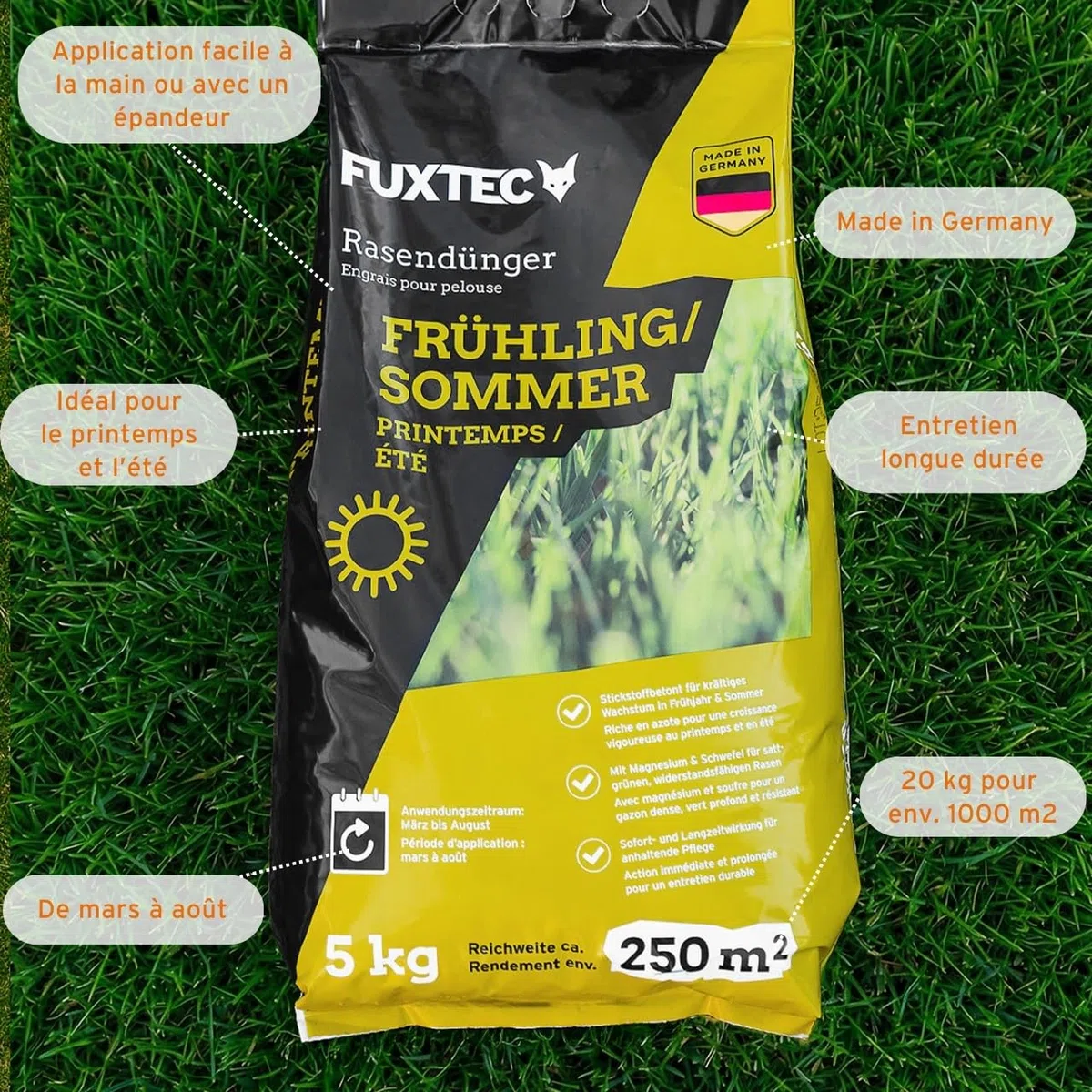 FUXTEC Engrais gazon printemps été FX-RDFS20 – 20 kg rendement 1000m2 fertilisant pelouse NPK 12+3+5 organo-minéral – azote à libération progressive – magnésium et soufre – granulés fins