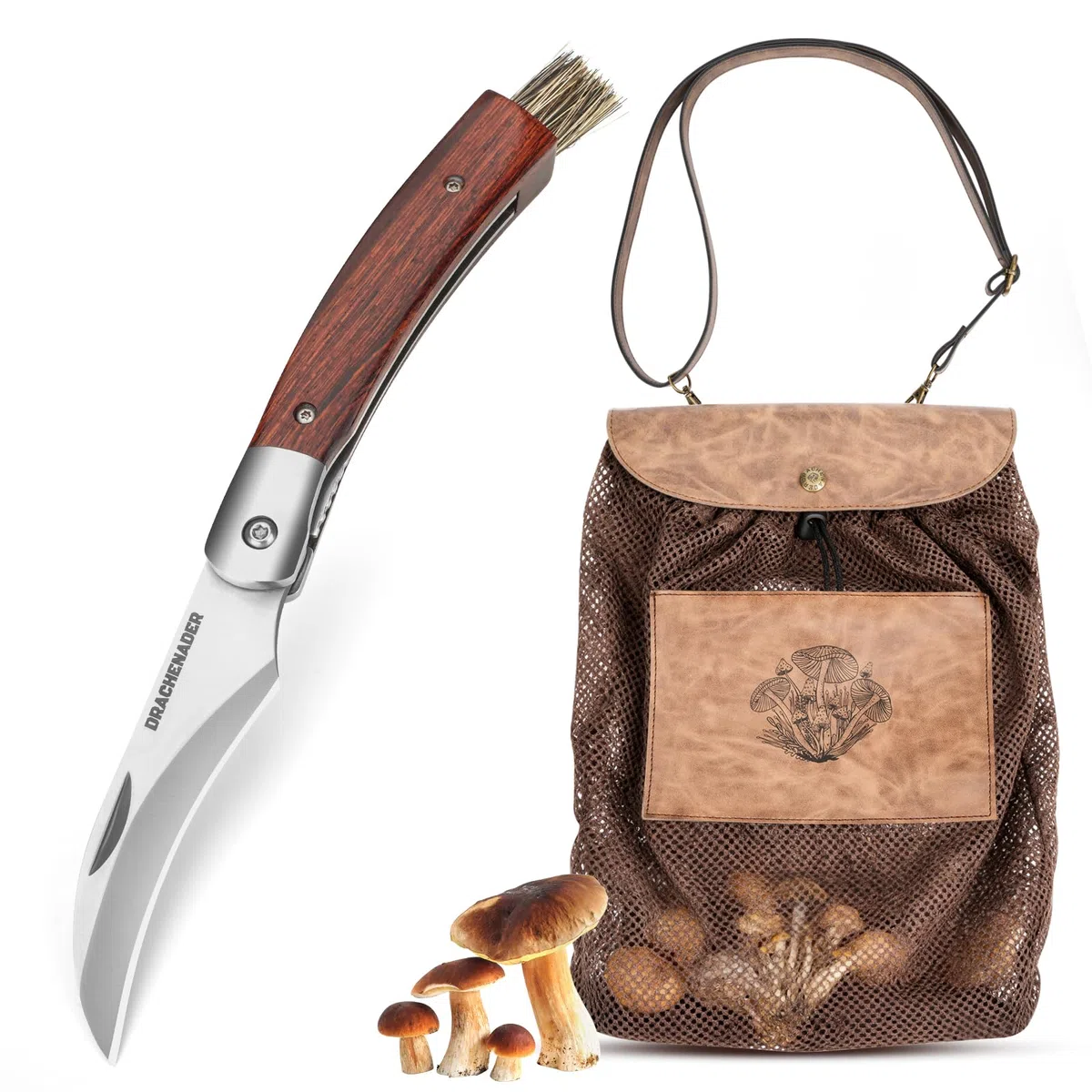 DRACHENADER Couteau Champignon, Panier Champignon – Couteau à Champignons avec Brosse Intégrée, Sac à Champignons Pliable et Respirant avec Filet, Bandoulière Réglable