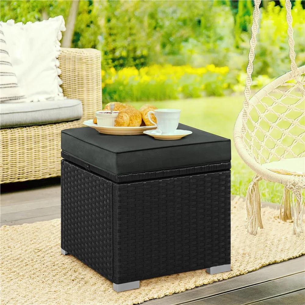 Yaheetech Poufs en Rotin pour Extérieur 2 pcs, Lot de 2 Ottomanes de Jardin en Rotin de Rangement avec Coussin 40 x 40 x 41 cm pour Amenagement Balcon Terrasse Noir/Gris