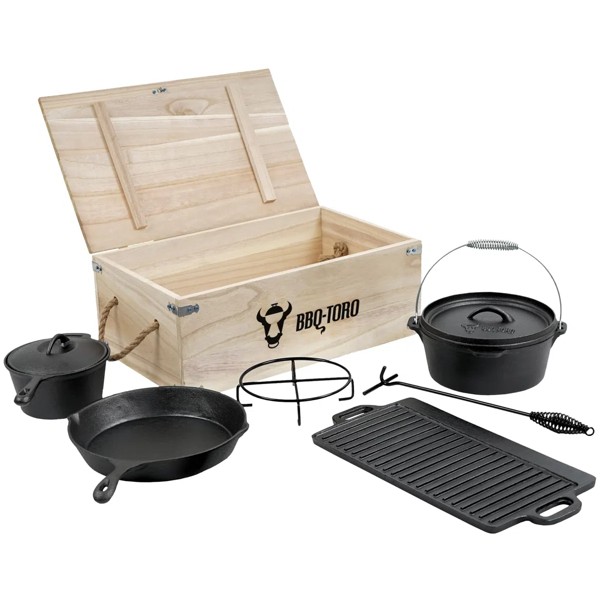 BBQ-Toro Set de Dutch Oven et boîte en bois | En fonte, déjà brûlée (7 pièces)