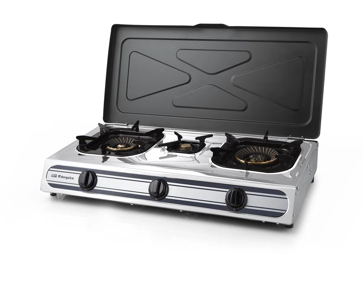 Orbegozo FO 3510 - Réchaud à gaz, corps inox, 2 brûleurs triple couronne et 1 normal, allumage piézoélectrique, usage intérieur et extérieur, gaz butane ou propane