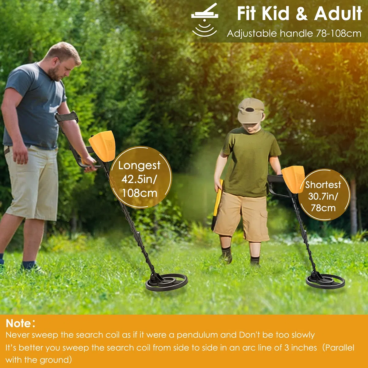 Détecteurs de Métaux Haute Précision Hauteur Réglable 78-108cm, Professionnel Détecteurs de Métaux Bobine de Recherche Étanche de 25 cm avec pour Enfants et Adultes