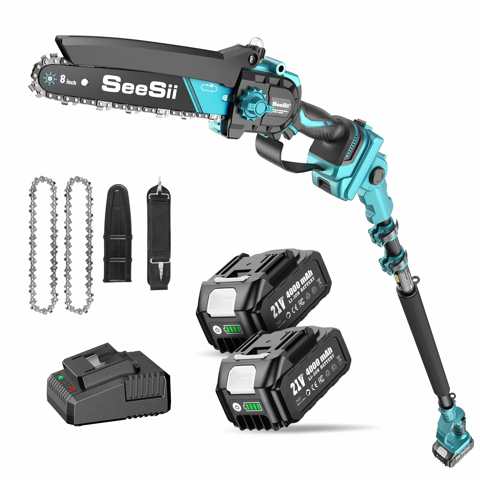 SEESII PS810 Mini Tronconneuse & Elagueuse sur Perche 8 Pouces, 2-en-1 Tronconneuse a Batterie, avec 2 x 4000 mAh Batteries, Portée 4,87 M, Système D'huile Automatique, pour Branches et Jardin