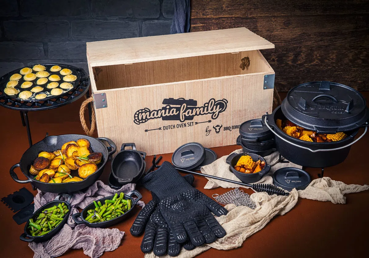 BBQ-Toro Mania Family Lot de 19 cocottes en fonte dans une boîte en bois | Avec marmite et plus | Fonte – Déjà cuite | Grill, Dutch Ovens, casserole à barbecue