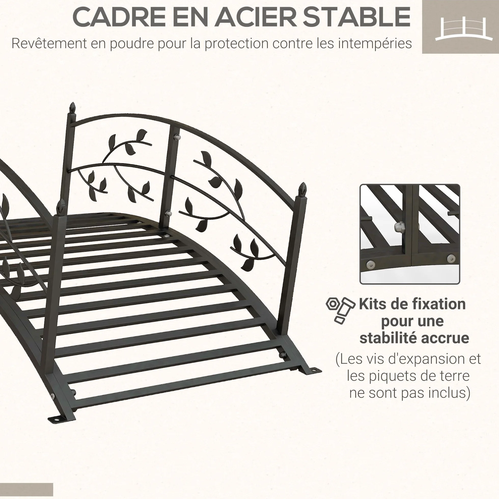 Outsunny Pont de Jardin - Pont de Bassin - décoration du Jardin dim. 119L x 67l x 47H cm avec Balustrade Motif de Vigne Acier Noir