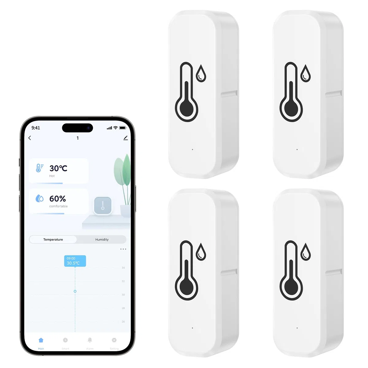 Thermomètre Wifi Intérieur Hygromètre Connecté Alarme Intelligente, Commande Vocale, Utilisé avec l'application Smart Life/Tuya, Compatible avec Amazon Alexa, Google Home, 4 pièces
