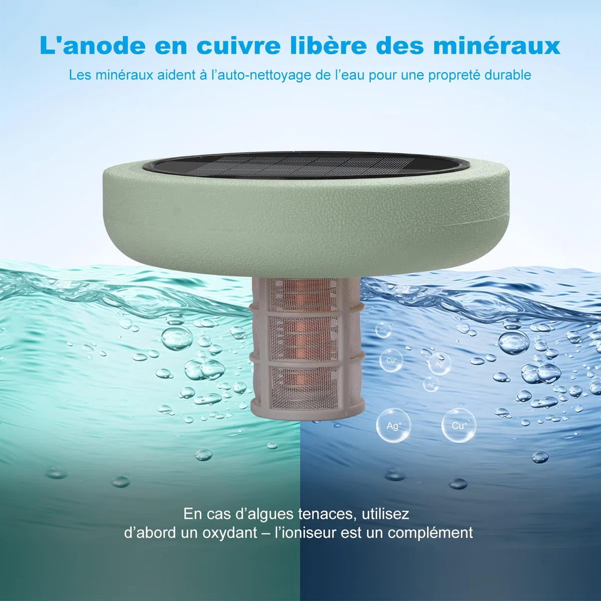 Ioniseur Solaire de Piscine, Nettoyeur D'ioniseur Purificateurde Piscine à Energie Solaire Clarificateur d'eau de Piscine Clarificateur de Piscine pour Jusqu'à 40000 Gal (Vert)