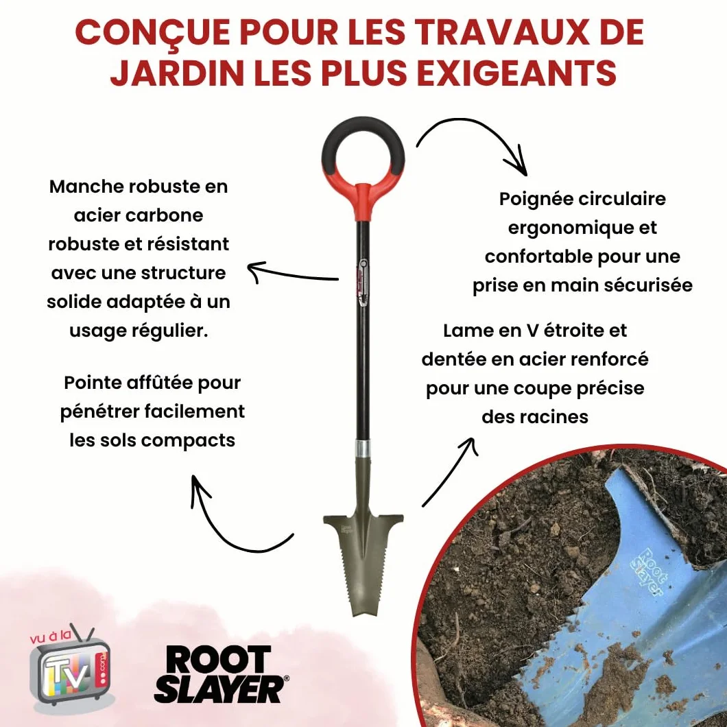 Bêche RootSlayer spécial massifs - Venteo - Rouge -Adulte -Dents Ultra-aiguisées en Acier, Ultra-résistante et légère