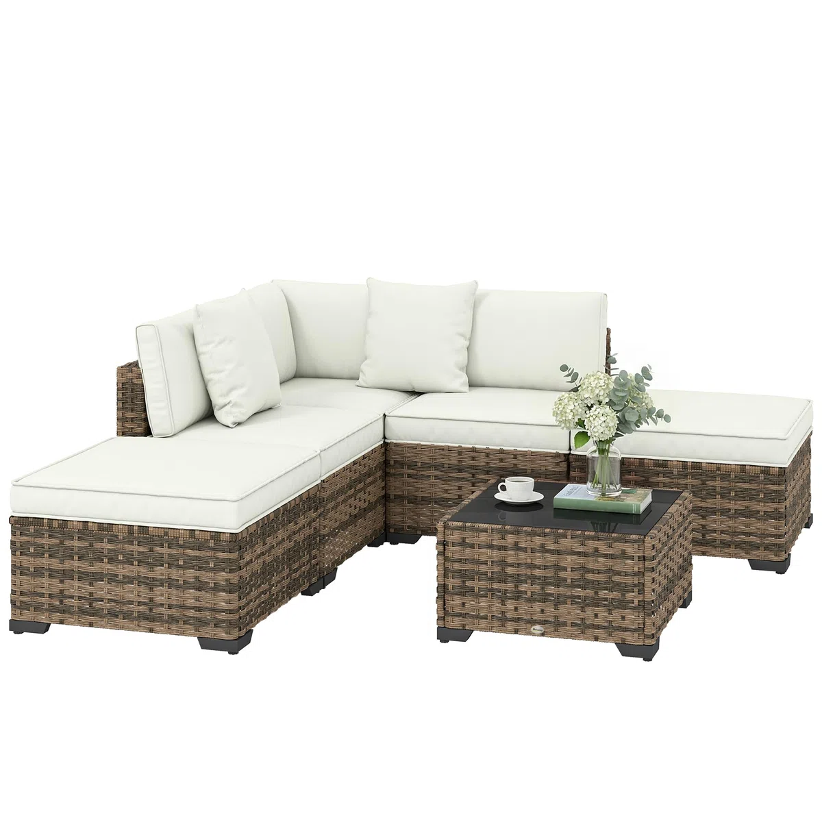 Outsunny Salon de jardin extérieur d'angle 5 places modulable en résine tressée avec canapés, repose-pieds, table basse en verre trempé et coussins, mobilier de jardin, terrasse, patio, crème et jaune