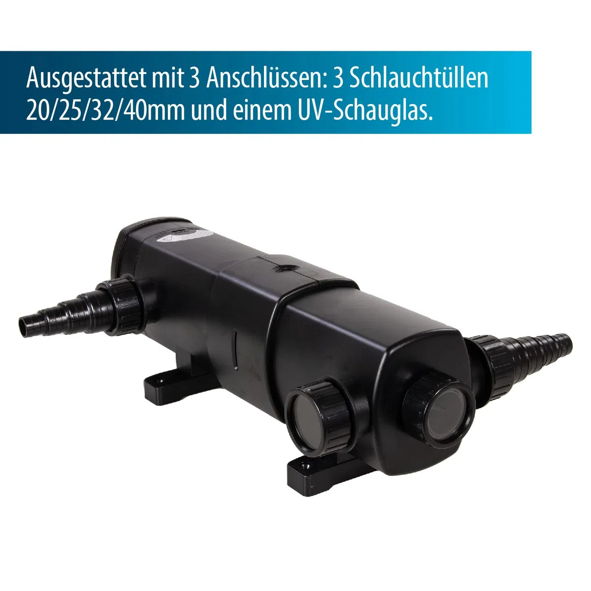 AquaForte GUV-236 UV-C, Max. Teich 45 m³, Max. Durchfluss 6 m³/Stunde, 36 Watt, Gehäuse mit Quick Lock-Anschluss, 3 Schlauchtüllen 20/25/32/40 mm und UV-Visier, Helix-Form Innenraum