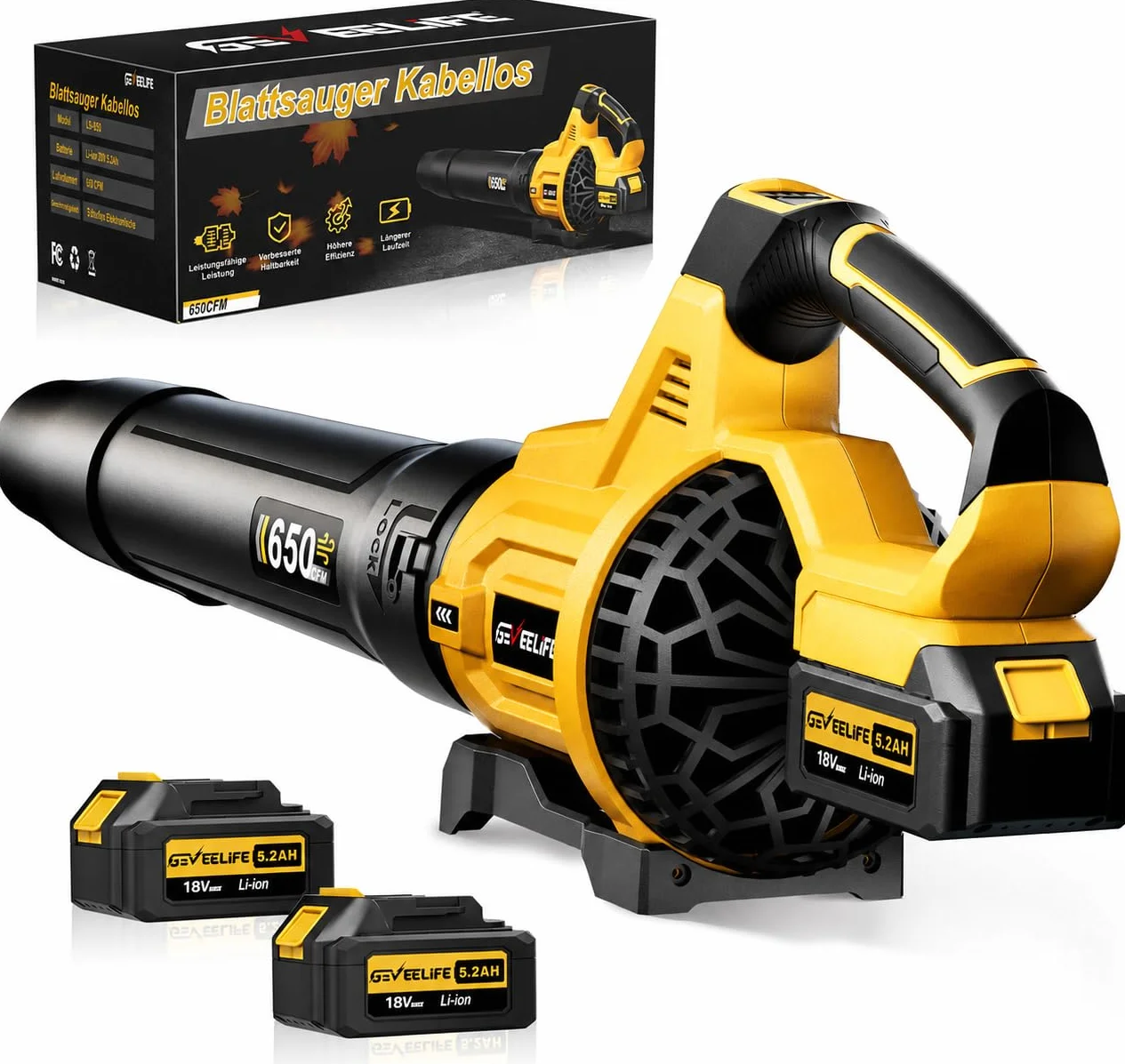 GEVEELIFE Souffleur électrique 20 V 257 km/h avec 3 Vitesses et 2 Batteries de 5,0 Ah pour Jardin, Feuilles, poussière et Neige (Batterie Incluse), Jaune