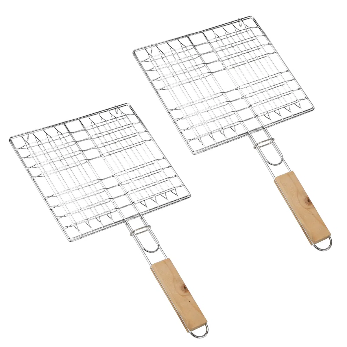 Grille de Barbecue Portable Pliable avec Poignée en Bois pour Poisson 2 Pièces