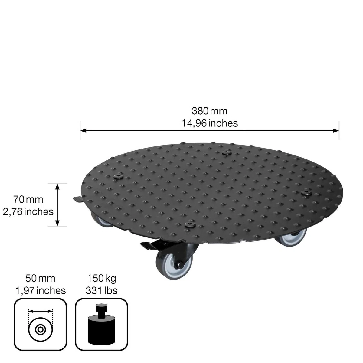 WAGNER Support à roulettes pour pot de fleur ALASKA BLACK Ø 38 x 7,5 cm I intérieur + extérieur I Roule pot en aluminum revêtu I 2 freins I Capacité de charge 150 kg I Made in Germany - 20700601