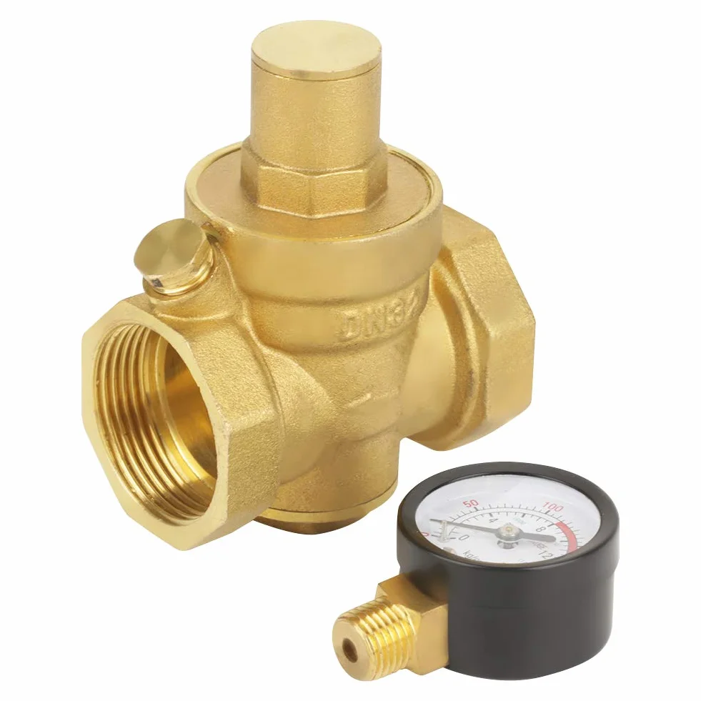 BSP DN32 Vanne de Réduction de Pression D'eau en Laiton Réducteur de Pression D'eau Réglable en Laiton sans Plomb Vanne de Régulation de Pression D'eau avec Débit de Jauge Réglable