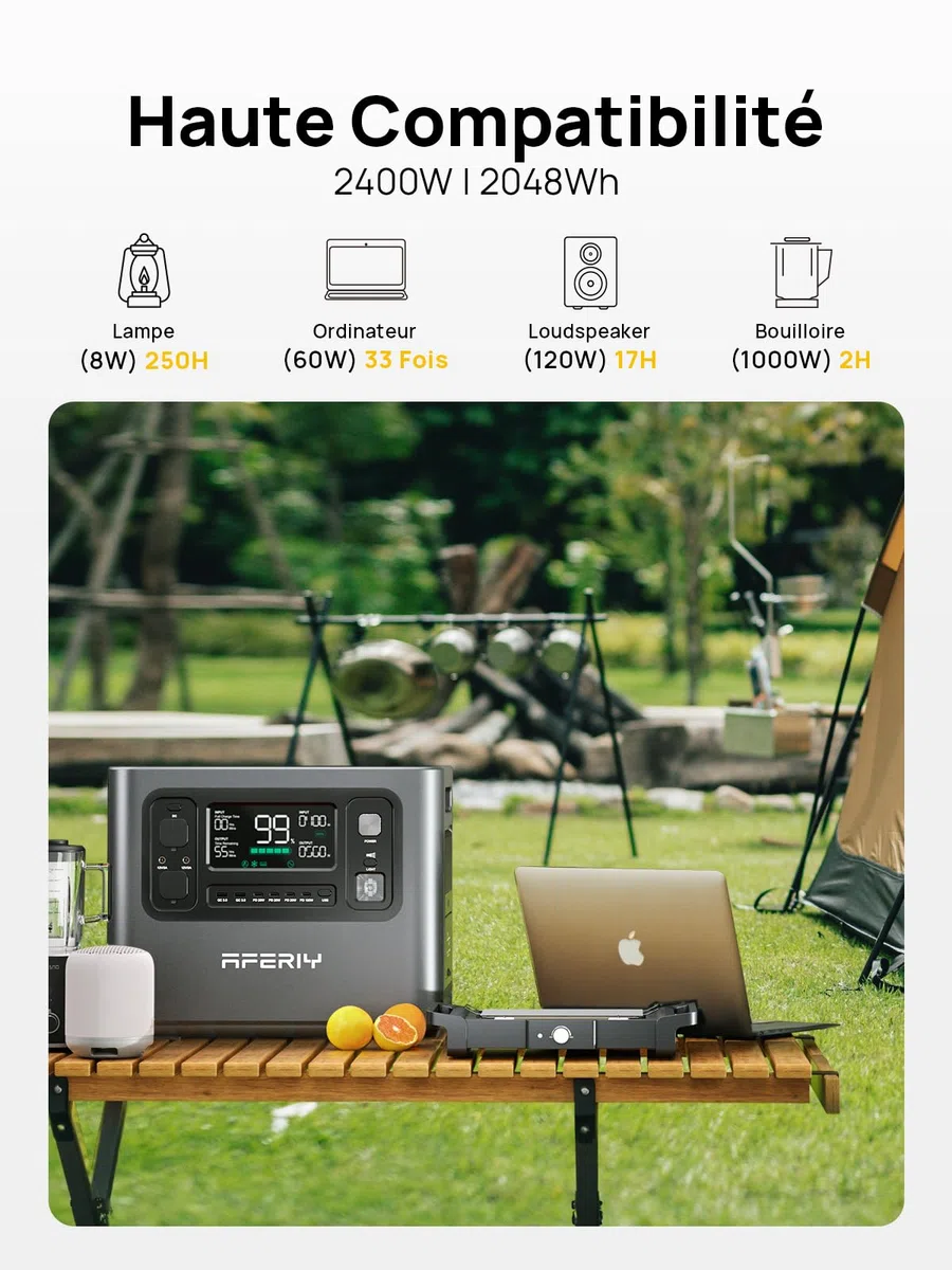 AFERIY Generateur Electrique Portable 2400W, Battetie Nomade 2048Wh, Station Electrique Portable Charge Rapide en 1.5H, 220-240V, UPS, Générateur Solaire pour Camping-car/Maison/Bureau, Garantie 7 Ans
