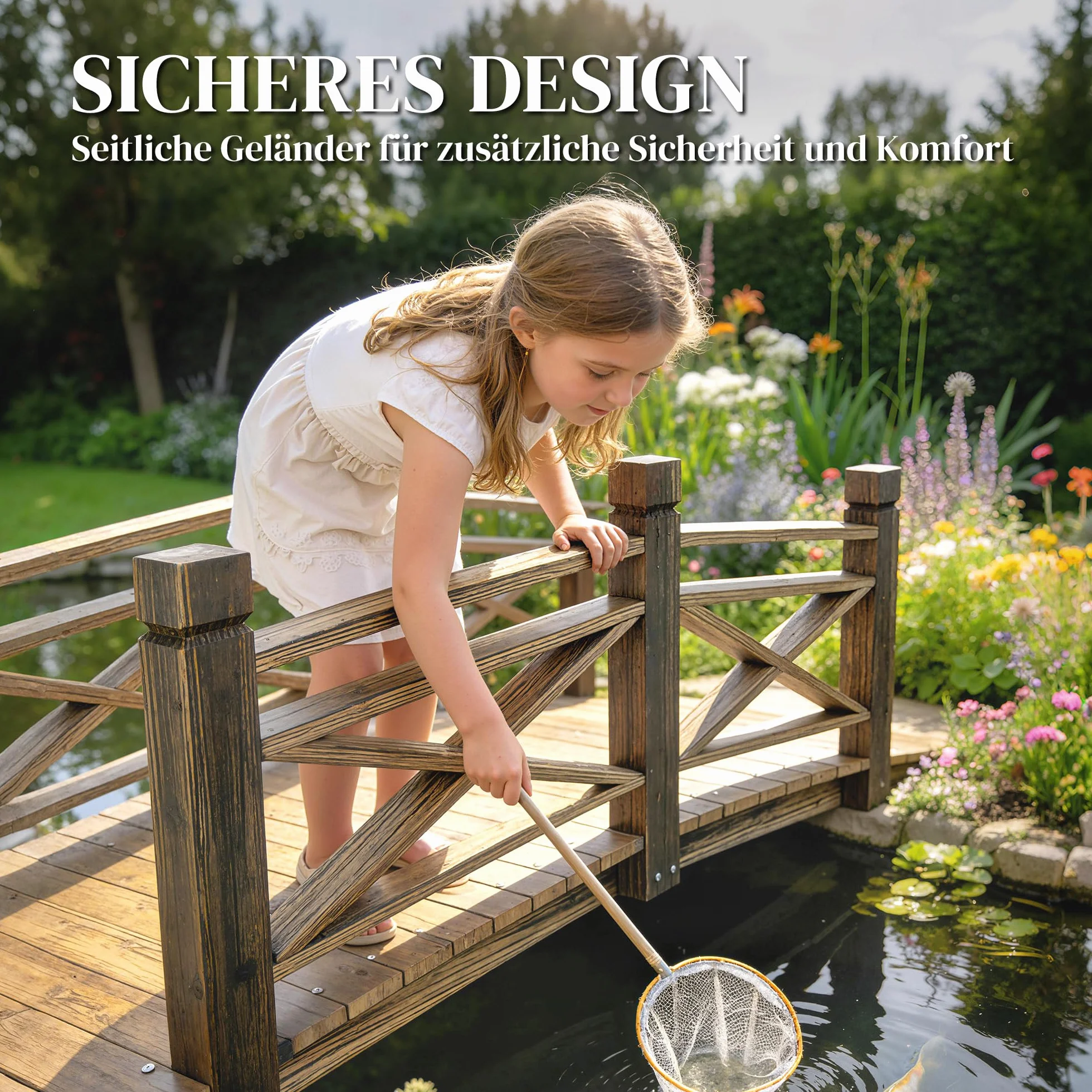 Outsunny Pont de jardin en bois de sapin avec garde-corps - Aspect vieilli - Pont décoratif pour bassin - Charge maximale : 200 kg - Résistant à la rouille - 174 x 78 x 57,5 cm - Carbonisé