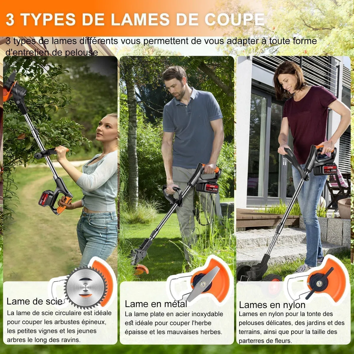 Débroussailleuses Electrique sans Fil, Coupe Bordures sans Fil a 2 21V 4.0Ah Batterie et Chargeur Rapide & 4 Types Lames, Debrouissalleuses a Batterie pour Tondre Les Pelouses du Jardin Pelouse Ferme