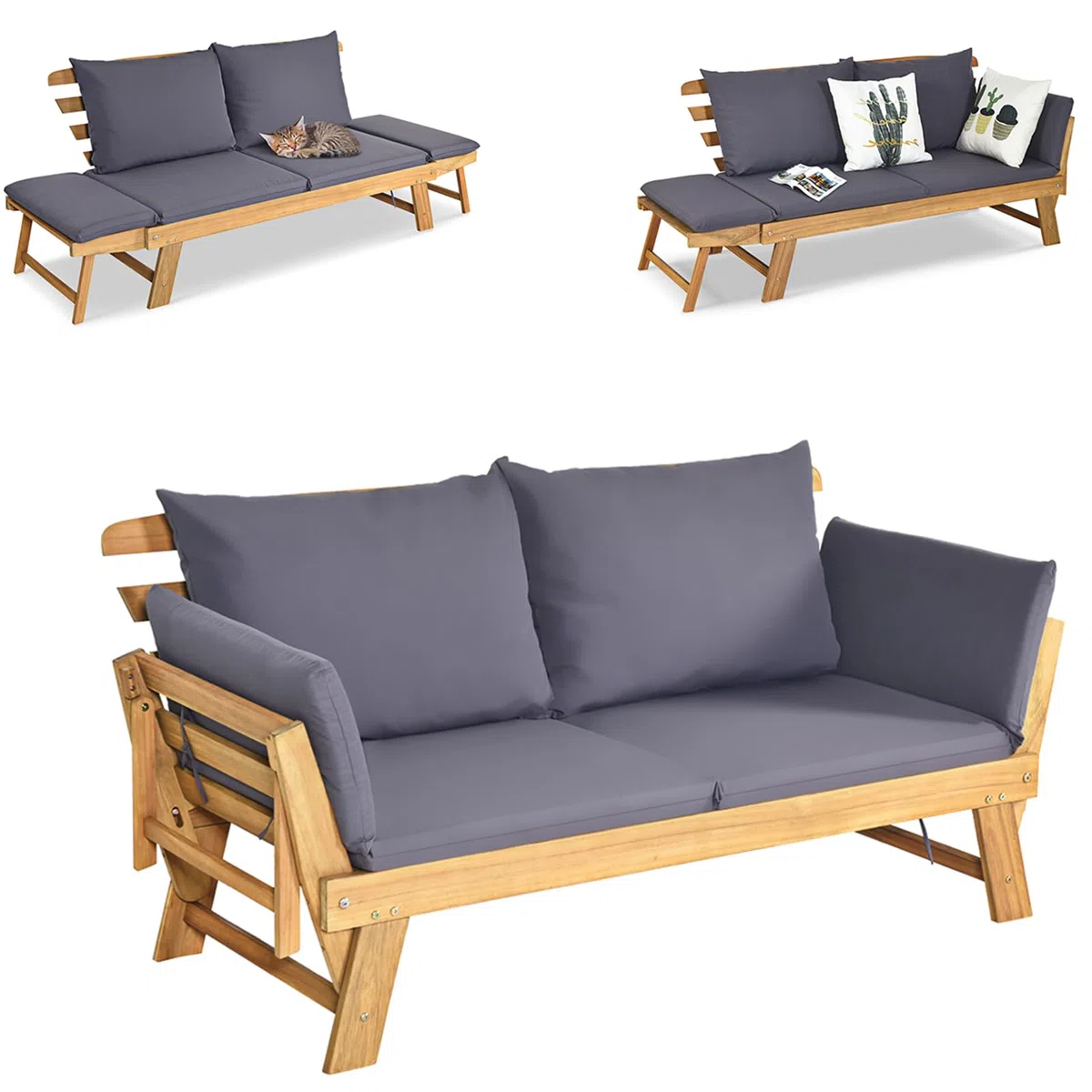 KOMFOTTEU Canapé de Jardin en Bois d'acacia, 2 Places, Sofa de Jardin avec Accoudoirs Inclinables, Canapé d'Extérieur avec Coussin, 157-198 x 75 x 75 cm, pour Terrasse, Balcon, Cour (Gris)