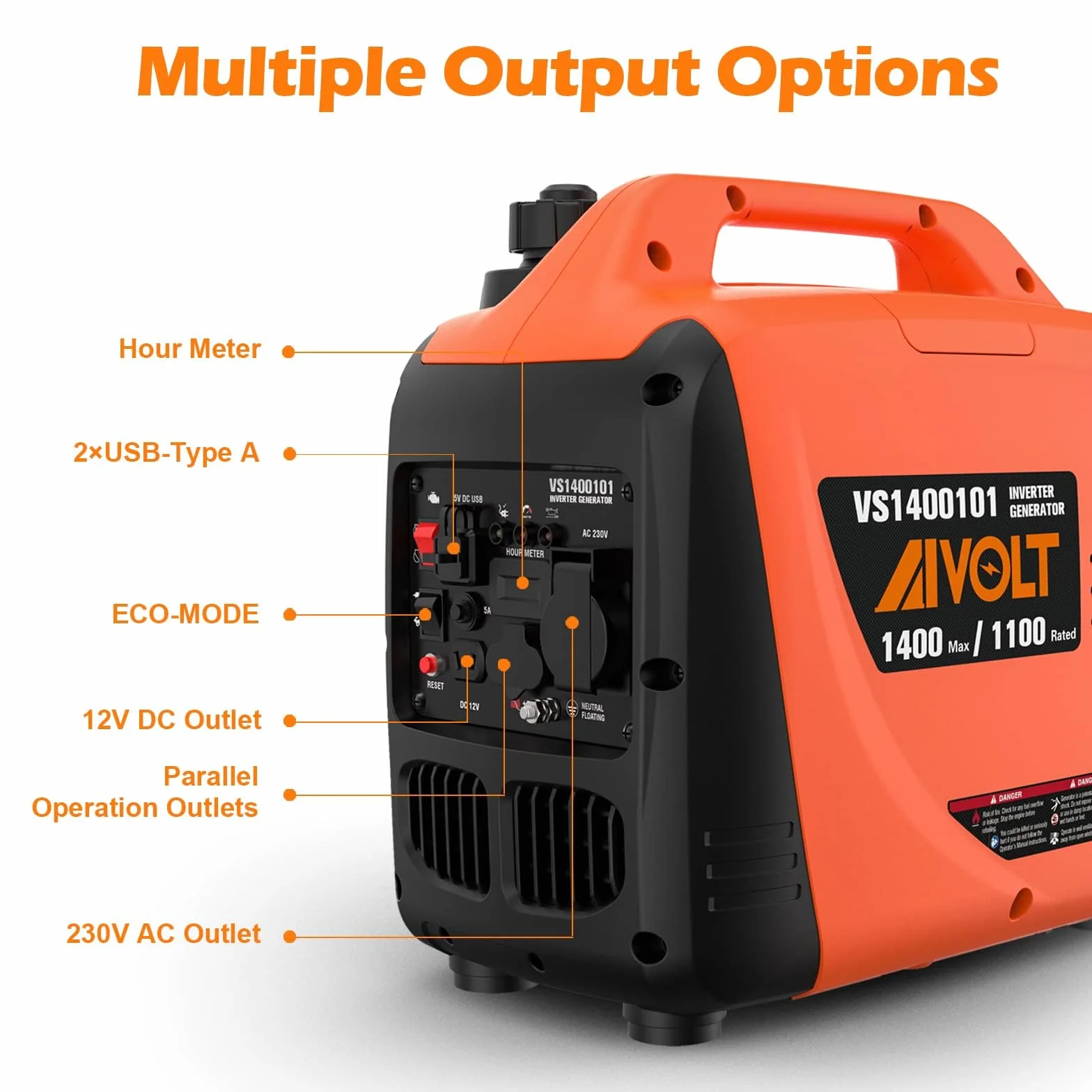 AIVOLT Groupe Électrogène d'essence 1400W Générateur d'onduleur Silencieux avec Prises AC 230V/DC 12V/USB Type-A et Réservoir de 2,5 L Générateur Léger Portable pour Camping Extérieur