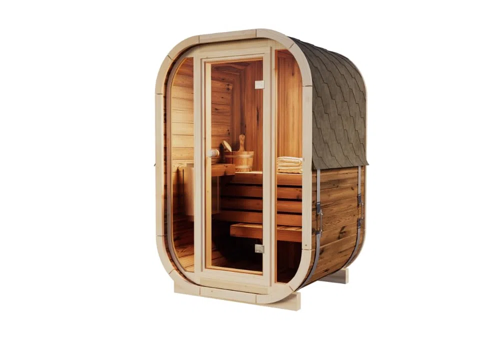 Sauna tonneau Ellipso S 1 banc bois 42 mm extérieur avec matériel de montage
