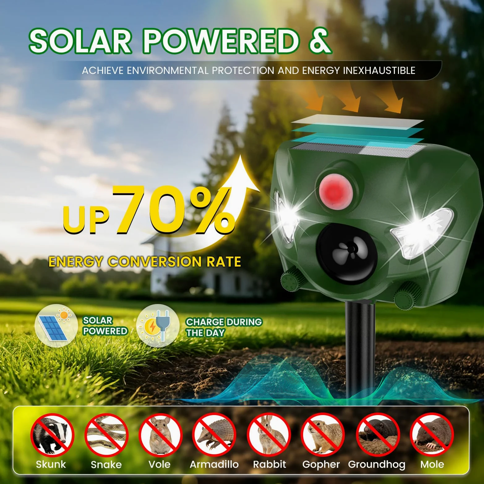 Ultrason Chat Exterieur, 5 Modes Répulsif Ultrason Chat pour Jardins, 26 Pieds Anti Pigeon avec Sirène et Flashs Lumineux, pour Chiens, Cerf, Renard, Oiseau, Lapin, Écureuil