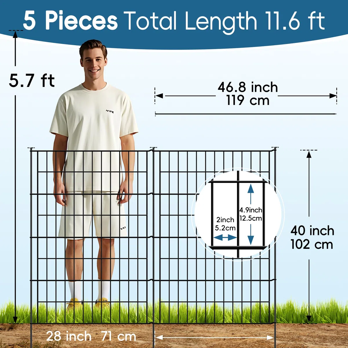 Thealyn Clôture de jardin 101 cm de haut x 71 cm de large (5 panneaux, longueur totale 3,5 m) - Clôture extérieure en métal antirouille - Barrière décorative pour chien, animal - Bordures pour cour