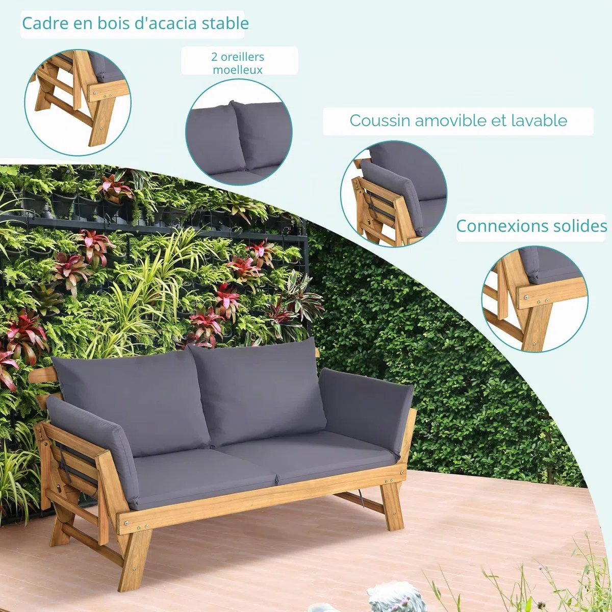 KOMFOTTEU Canapé de Jardin en Bois d'acacia, 2 Places, Sofa de Jardin avec Accoudoirs Inclinables, Canapé d'Extérieur avec Coussin, 157-198 x 75 x 75 cm, pour Terrasse, Balcon, Cour (Gris)