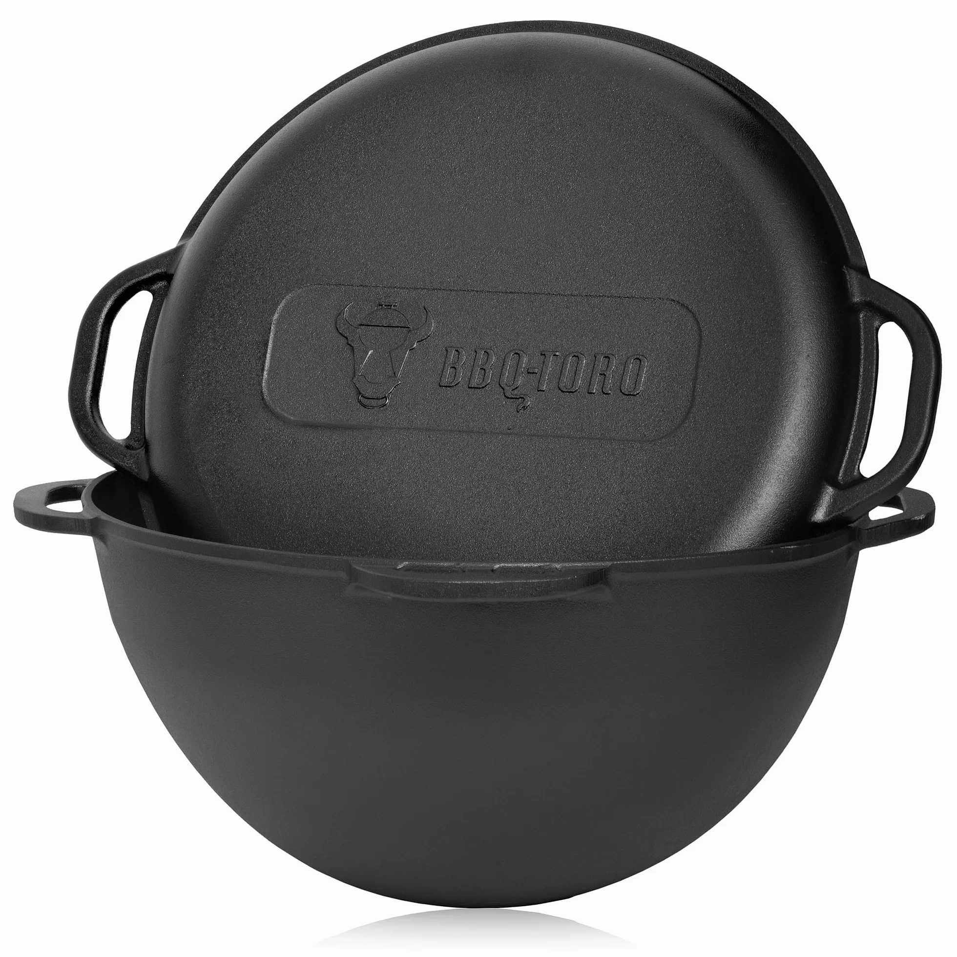 BBQ-Toro Fonte Kazan avec couvercle | Noir | Marmite traditionnelle en fonte | Kazan avec fond rond | Grillwok preseasoned-déjà cuit | Cocotte pour cuisiner, braiser, rôtir, frire
