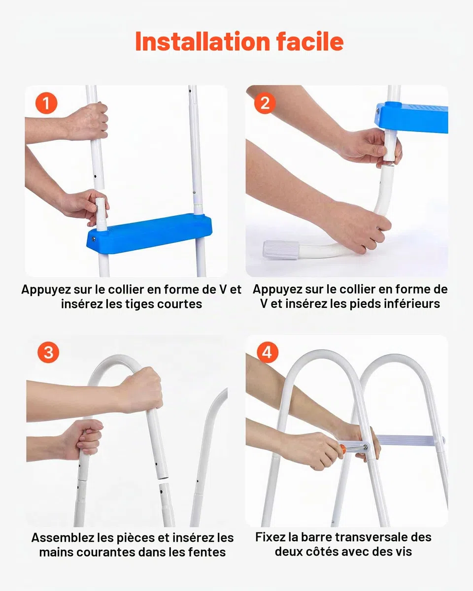 VEVOR Échelle de Piscine Hors Sol 91,4 cm Acier Carbone 3 Marches PP Antidérapantes Capacité Charge 136 kg Blanc Bleu