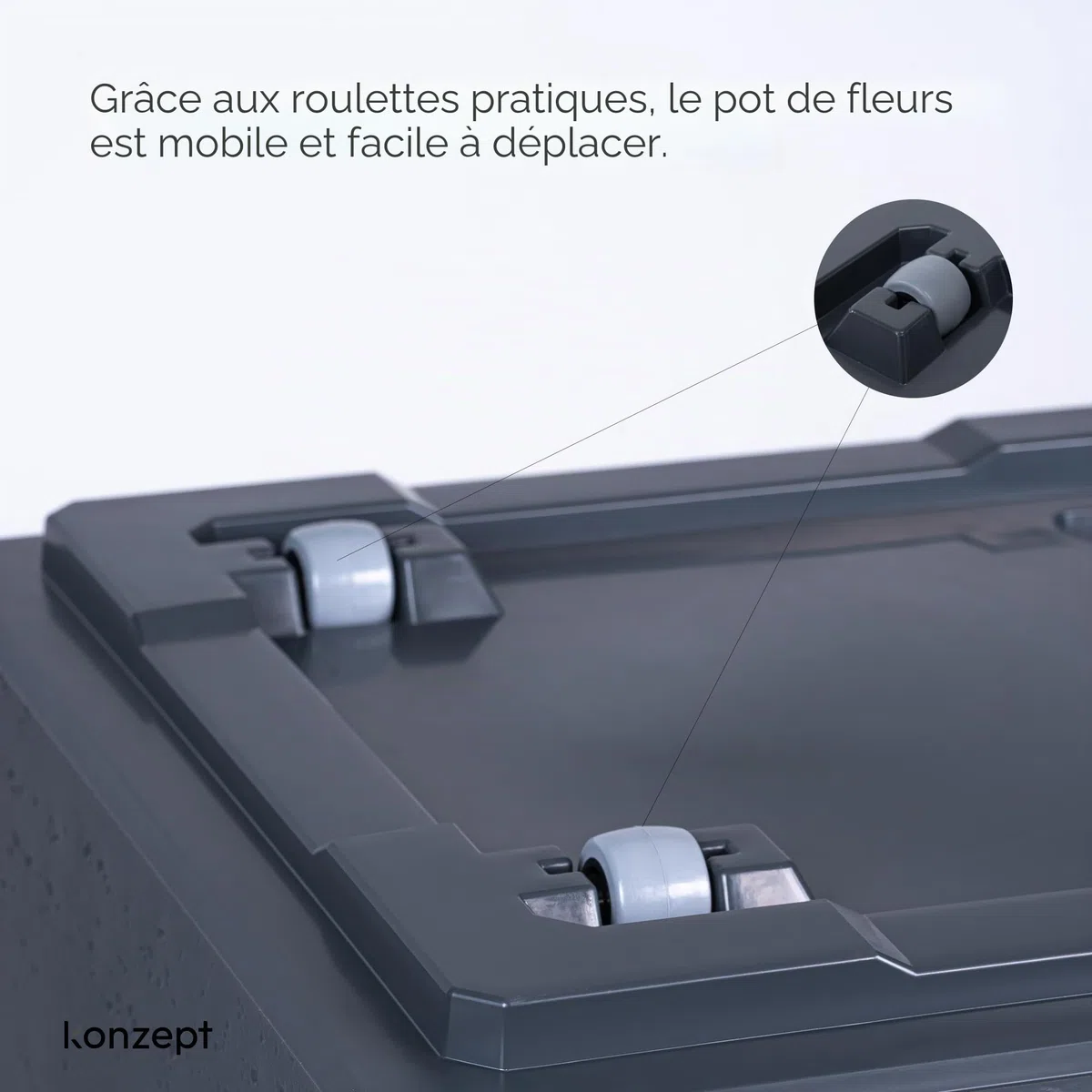 KONZEPT Grand pot de fleurs sur roulettes 40 x 40 x 40 cm, pour extérieur, carré, anthracite aspect béton, en plastique, mobile, idéal pour le jardin, la terrasse et le balcon