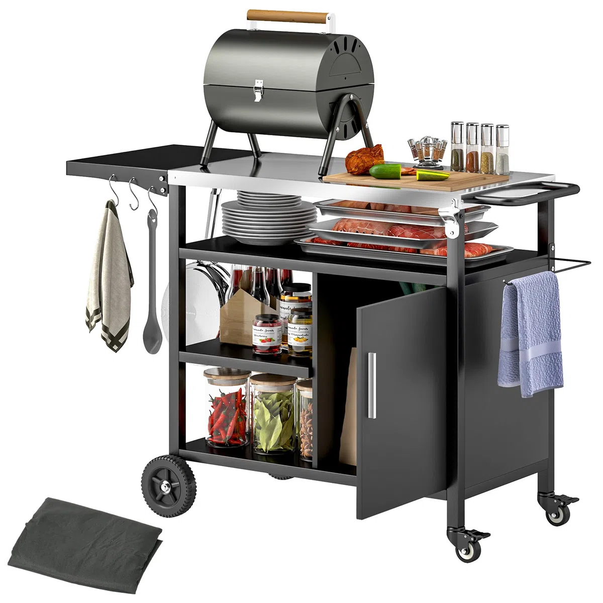 Outsunny Desserte de Jardin Chariot de Barbecue avec Plateau en Acier Inoxydable, Tablette Rabattable et Crochets, Housse Fournie, Meuble de Service Extérieur à roulettes pour Plancha, 127x51x84cm