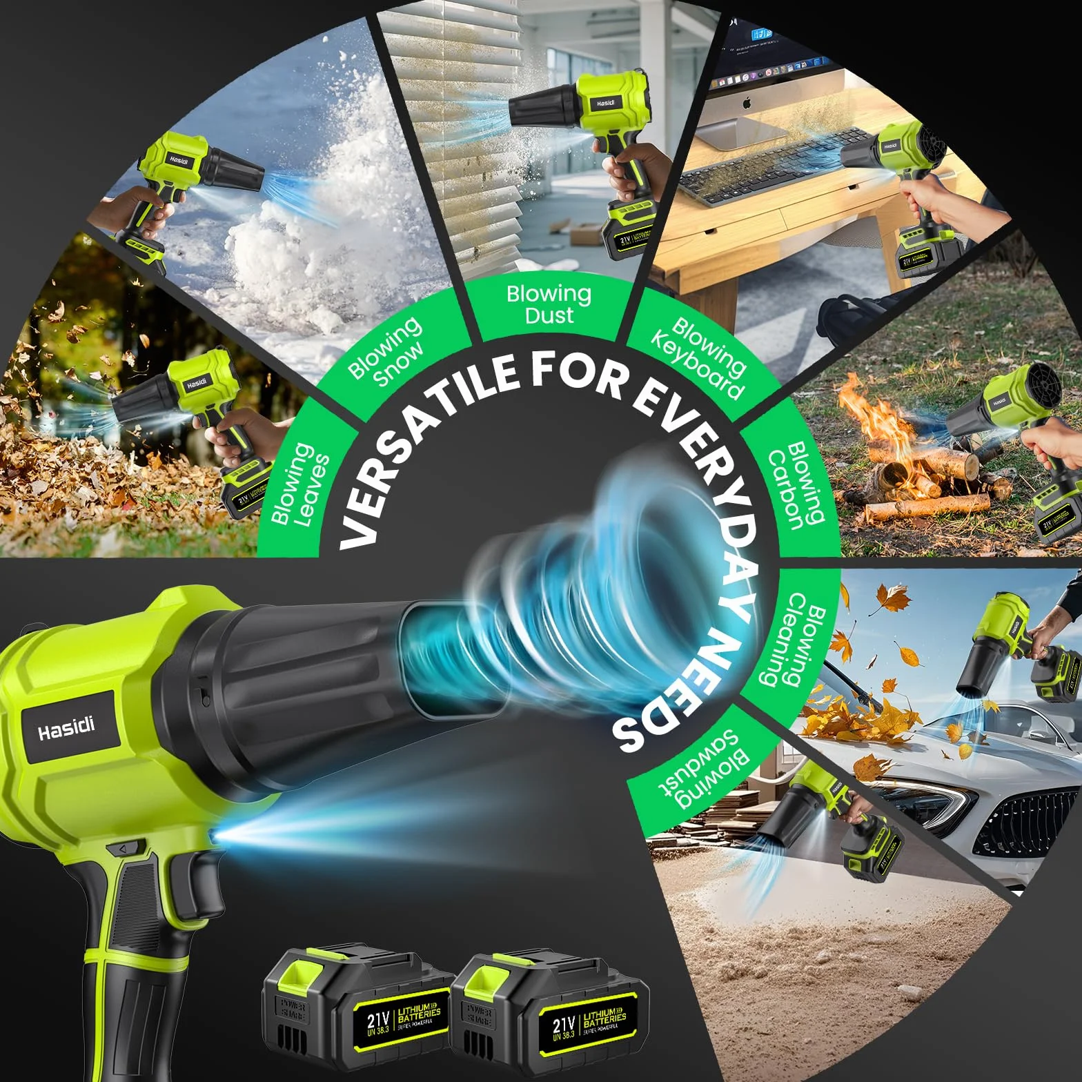Souffleur de Feuilles sans Fil, 900 000 TR/Min, 2 Batteries, Chargeur et 2 Buses Incluses, pour Jardin, Terrasse, Voiture, Neige et Poussière, Vert