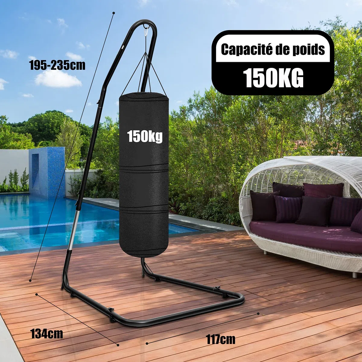 COSTWAY Support pour Fauteuil Suspendu 195-235cm Cadre en Acier avec Crochet de Sécurité Pieds Antidérapants Fixations Verrouillable sans Hamac pour Chambre Véranda Cour Noir