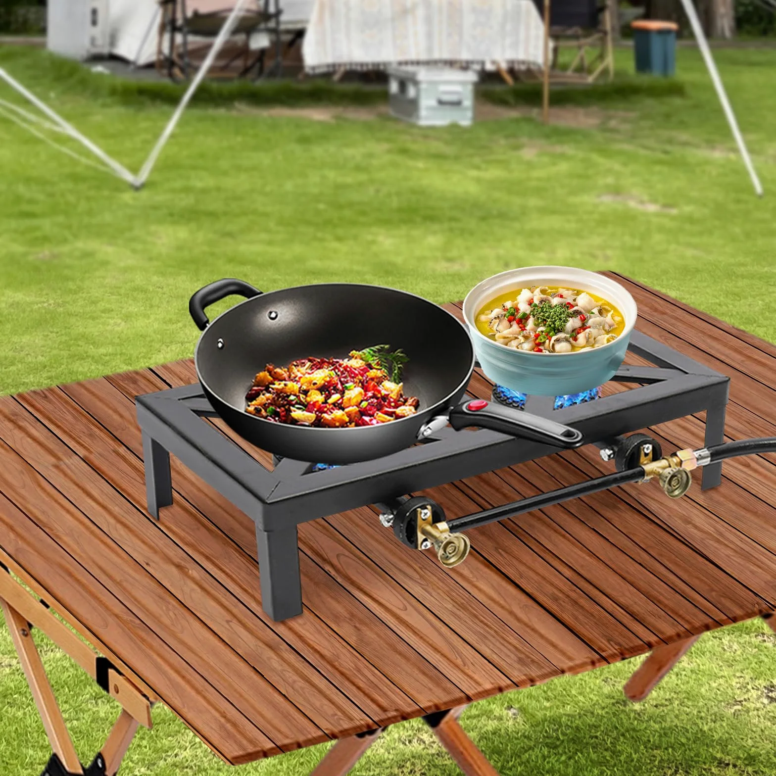 Réchaud à gaz extérieur 48x25x11cm Noir Réchaud à gaz sur Pied 8000W Double brûleur en Fonte avec régulateur Tuyau, Barbecue à gaz Portable pour Camping Jardin BBQ Pieds Fixes Portable Léger ‎