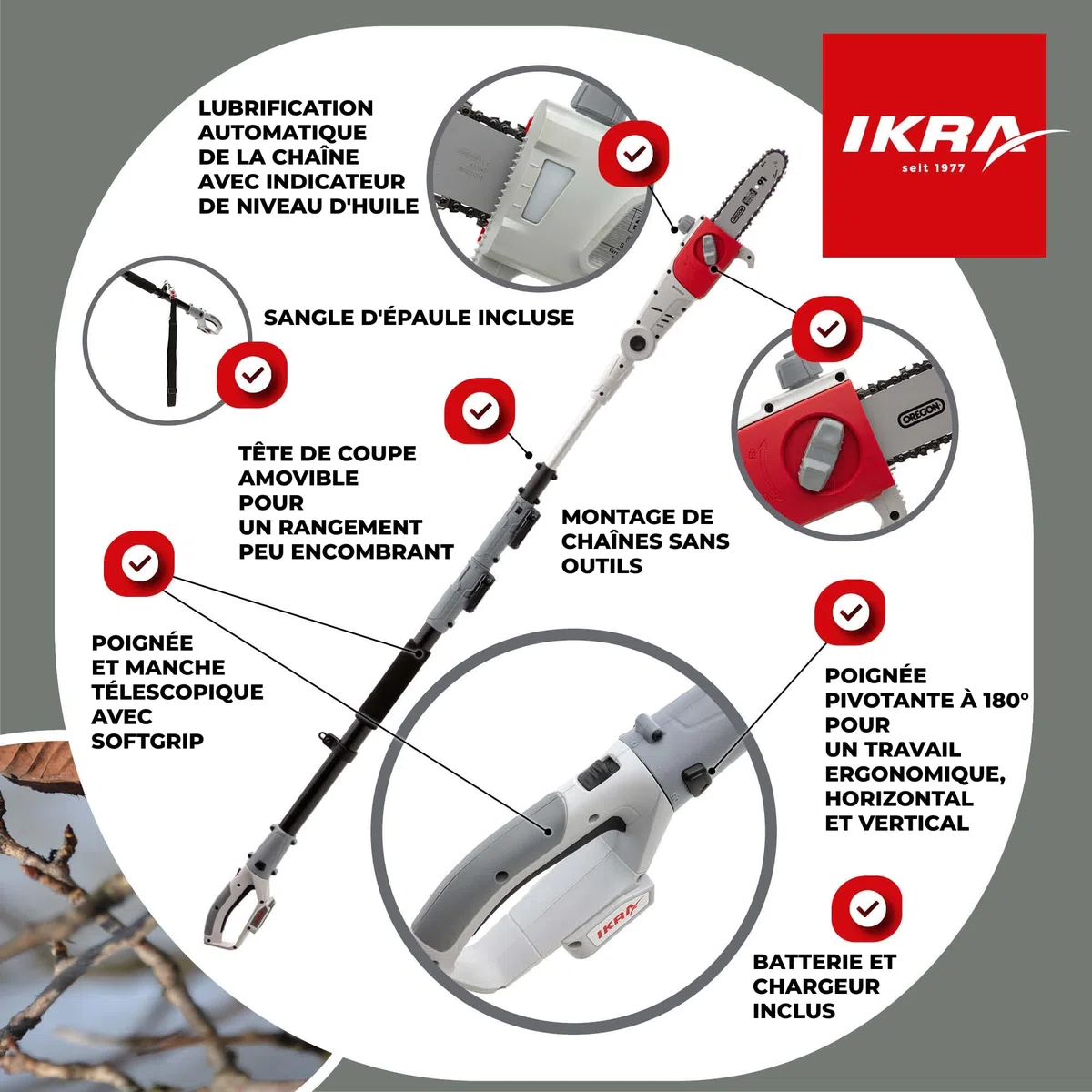Ikra élagueuse télescopique sur batterie ICPS 2020, longueur de coupe 20cm, autonomie 40 min