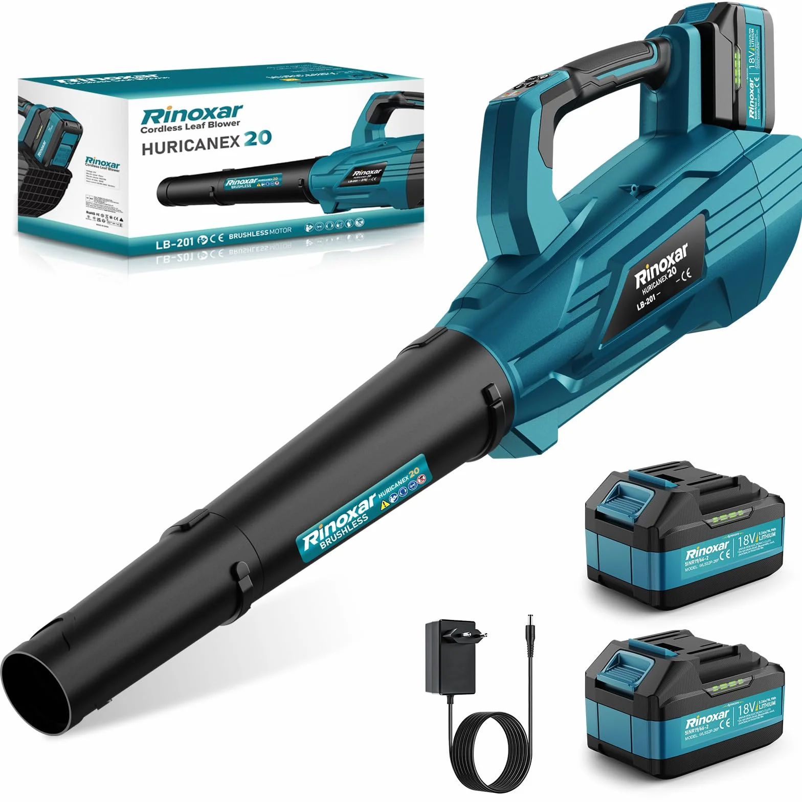 Souffleur Batterie, 5 Vitesses Souffleurs de Feuilles sans Fil avec Moteur Brushless, 2 Batteries 5.2Ah/18V, 35.000 RPM, Vitesse de l'Air 180 km/h, Débit d’Air 800 m³/h, 2 Buses Interchangeables