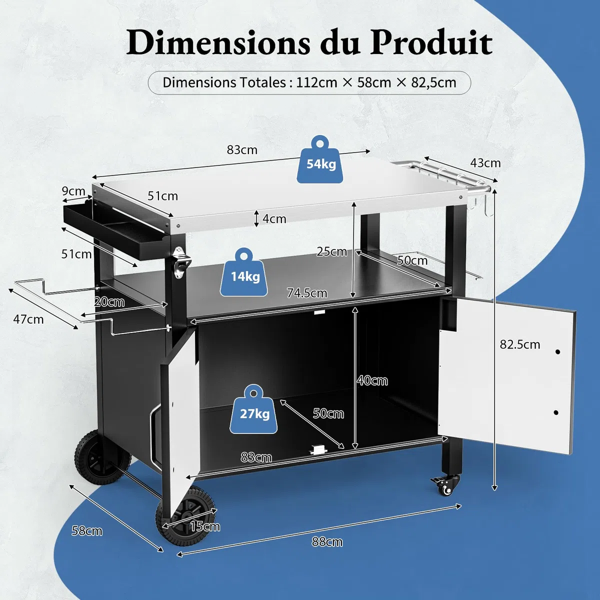 TLSUNNY Chariot de Barbecue en Acier Inoxydable, Desserte Extérieure Plancha 3 Niveaux avec Porte d'Armoire, Table de barbecue avec 4 Roulettes, pour Jardin Terrasse Balcon Camping, 112 x 51 x 82,5 cm