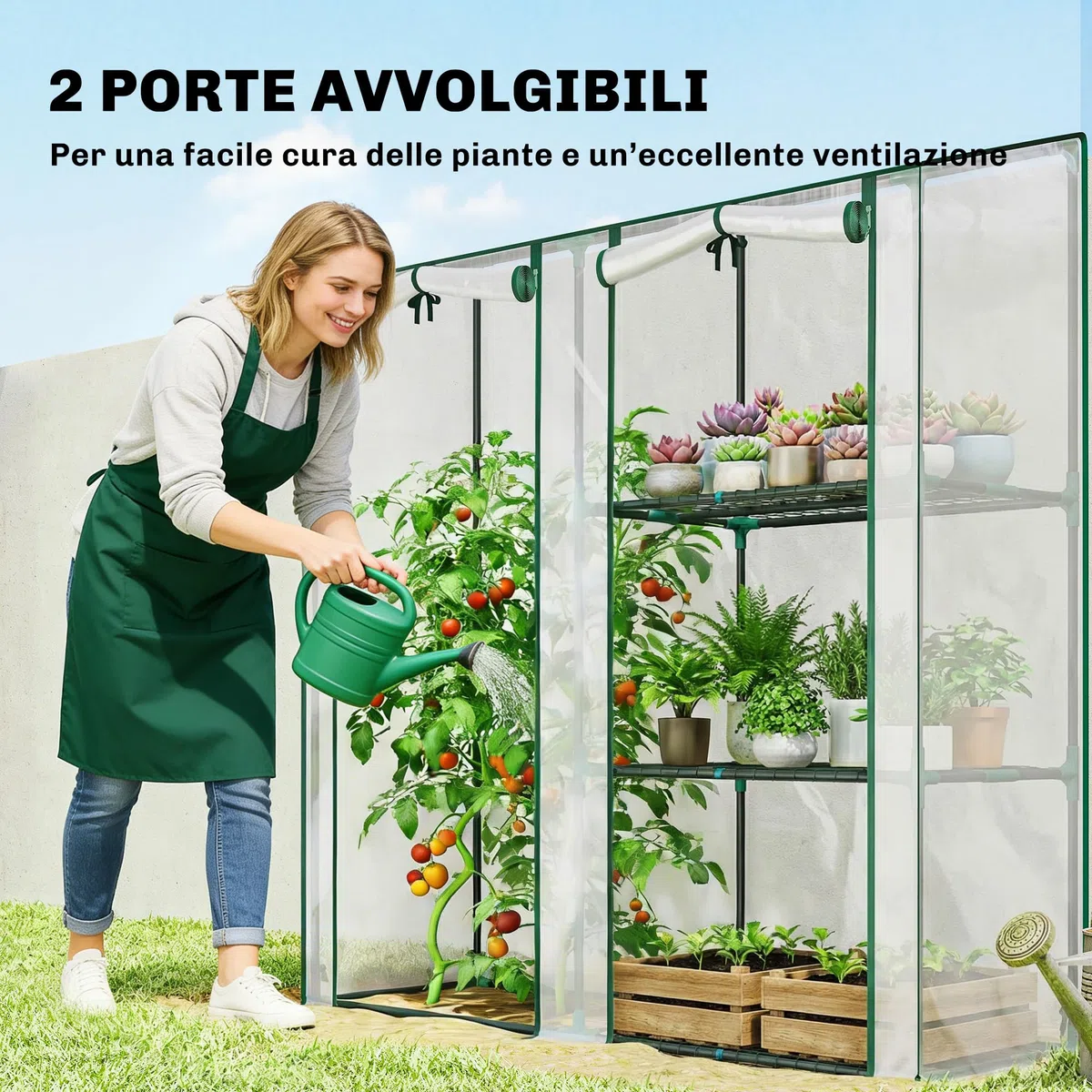 Outsunny Serre de Jardin avec étagères 3 Niveaux, Petite Serre de Balcon en Bâche PVC et Châssis Acier, 2 Portes Enroulables, pour Légumes Plantes Fleurs, 143 x 45 x 151 cm, Transparent