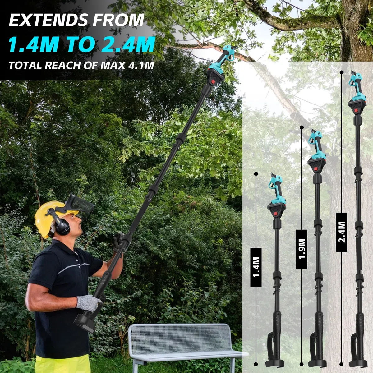 panthem Sécateur de jardin télescopique à batterie 2 en 1, compatible avec Makita 18 V, charge maximale jusqu'à 4,1 m, ouverture de coupe 43 mm, moteur sans balais avec 2 batteries de 4000 mAh