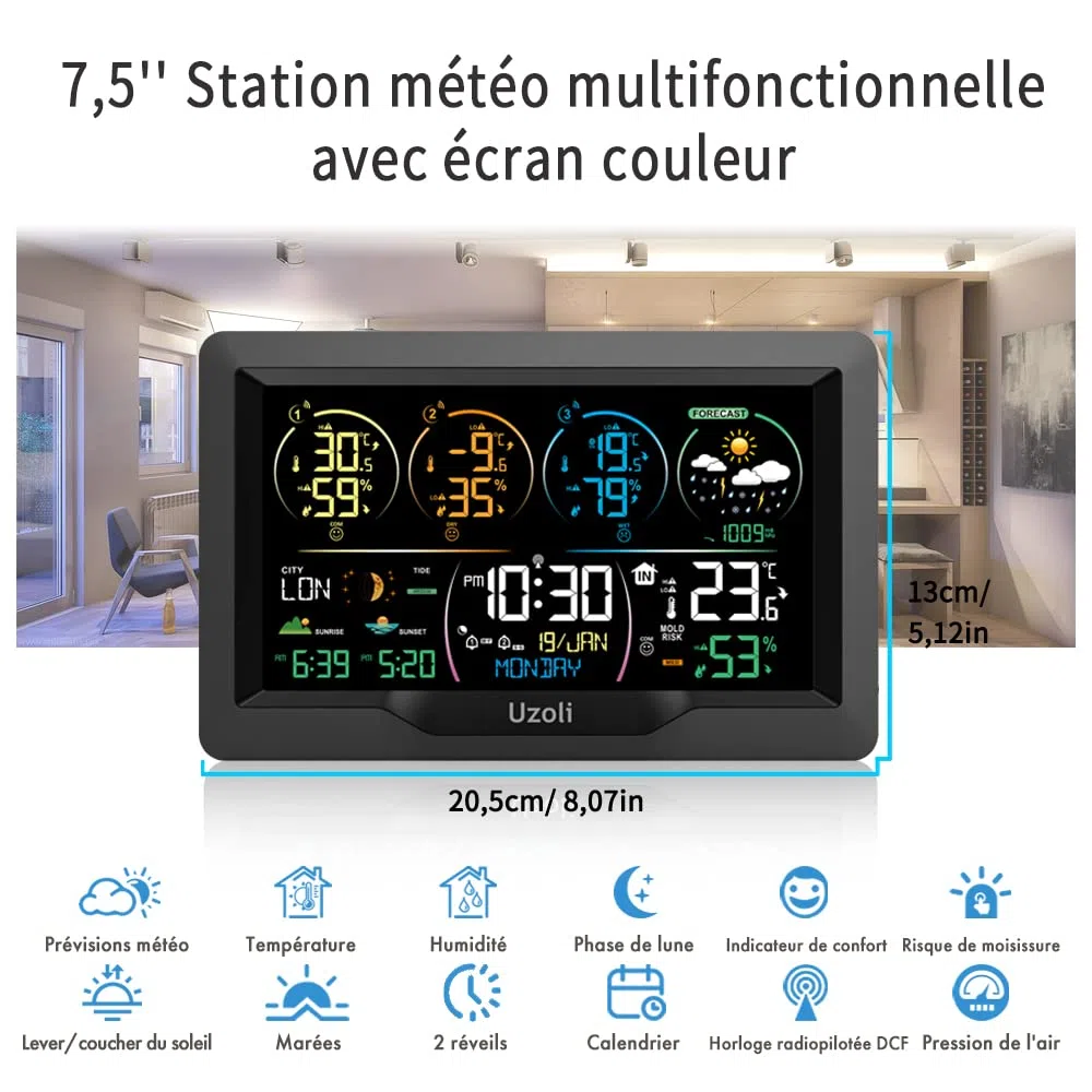 Uzoli EM3390 Station météo sans fil avec 3 capteurs, Horloge DCF | Thermomètre-hygromètre, Écran couleur, Prévision météo, Pression, Lever du soleil, Phase lunaire, Alerte risque de moisissure