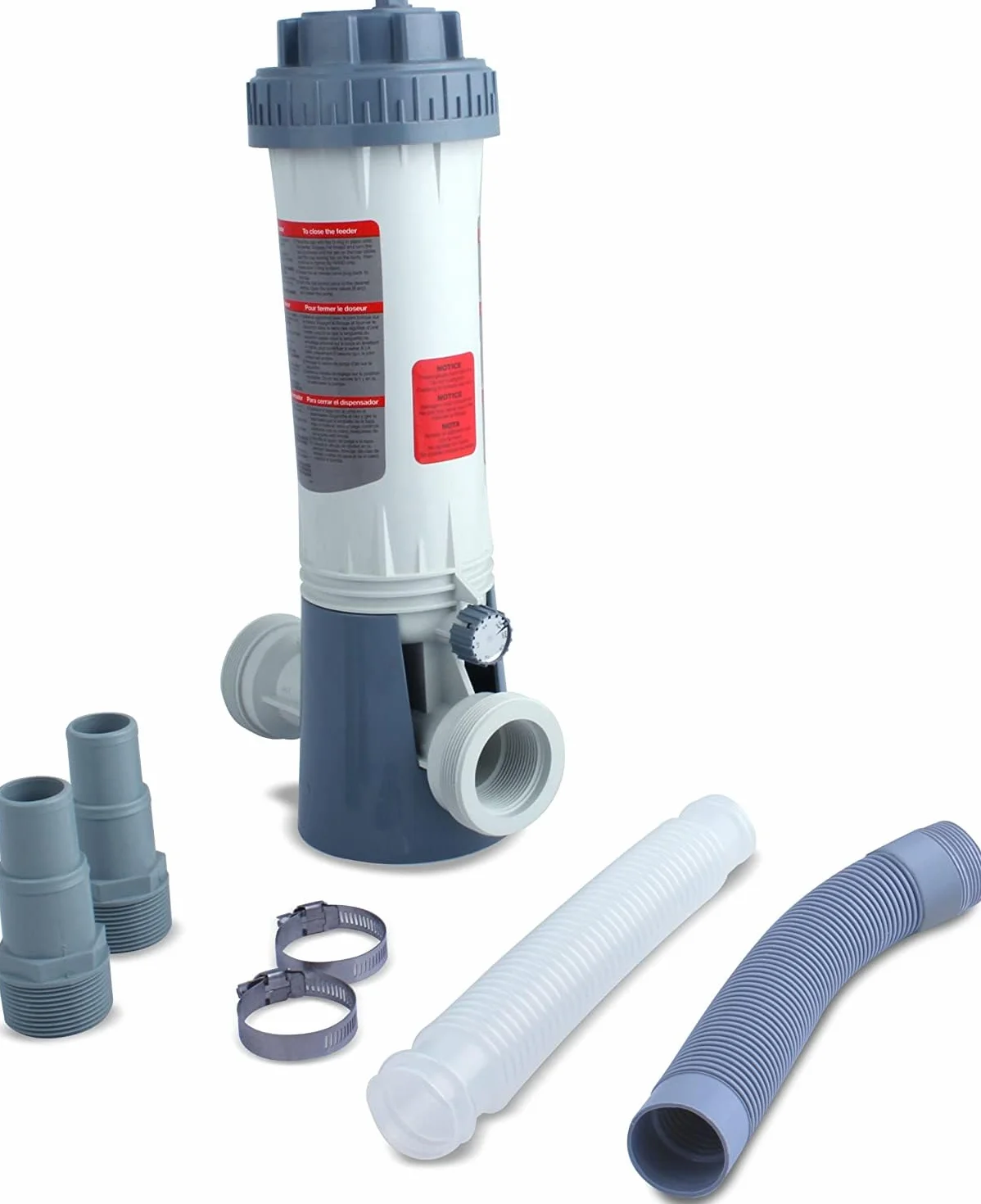Doseur de chlore automatique pour piscine - Distributeur de produits chimiques avec accessoires - Taille de raccordement 32-38 mm - Gris et blanc