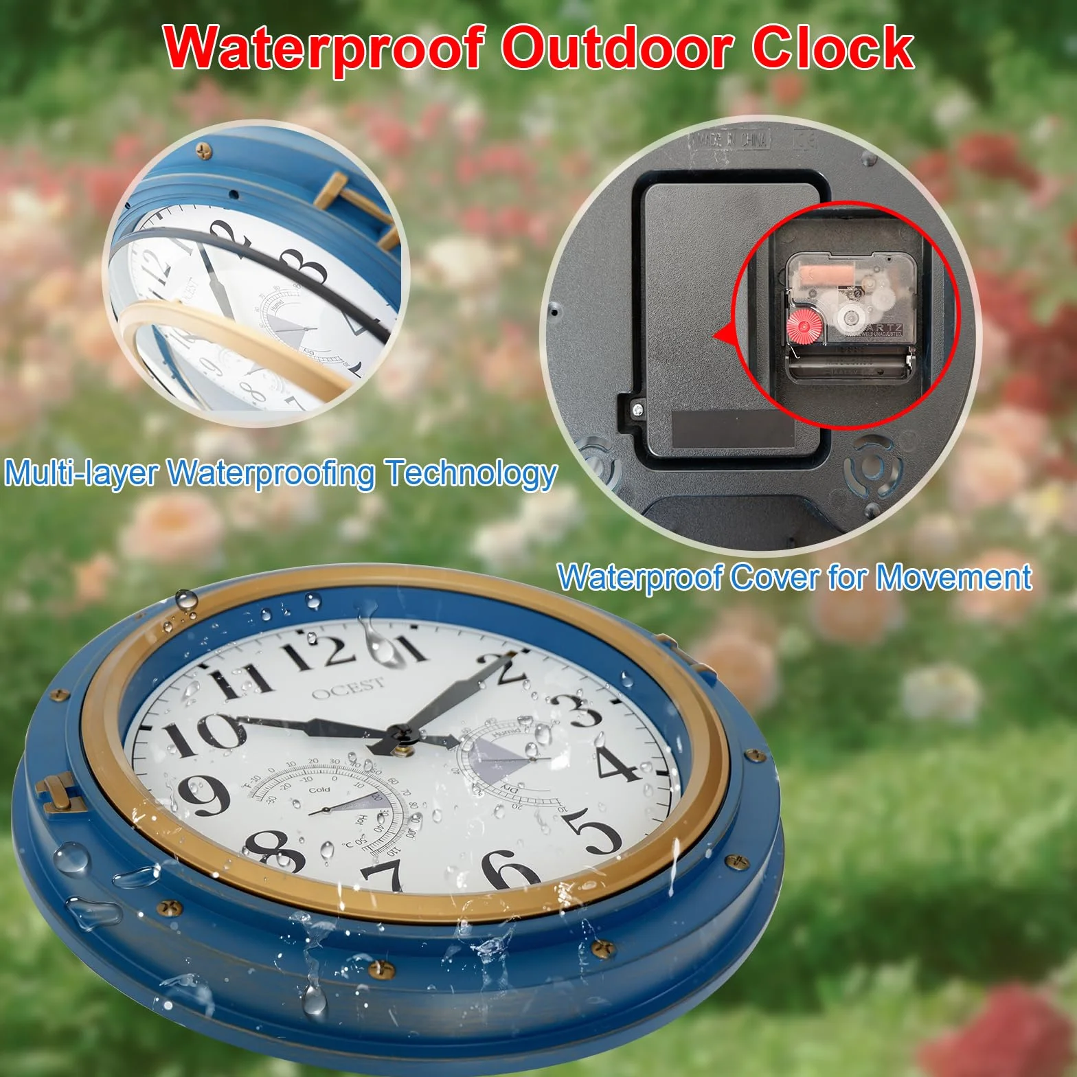 OCEST Horloge de jardin étanche de 40,6 cm, grand thermomètre, hygromètre, design rétro, sans tic-tac, fonctionnement à pile, pour décoration de maison et patio (bleu)